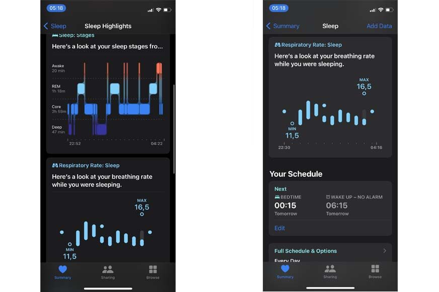 Man sieht die aufgezeichneten Schlafdaten in der Apple Health App.